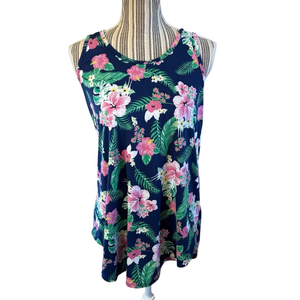 Reb and J. Top Small Navy Blue Tropical Floral Pink Green Sleeveless Tunic